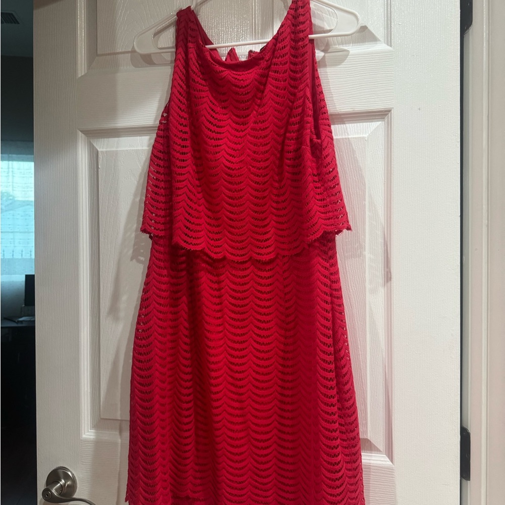 Red Crochet Overlay Women's Dress - Sleeveless Layered Style